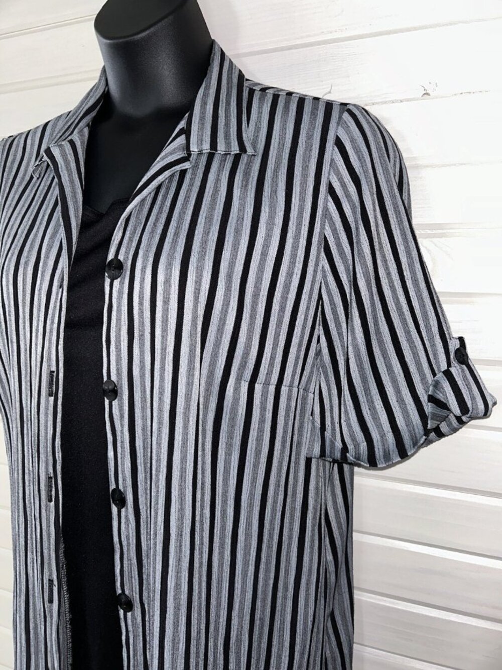 VTG Maggie Barnes Sz PLUS 20W Blouse Two-fer Black Gray Stripe S/S Button EUC